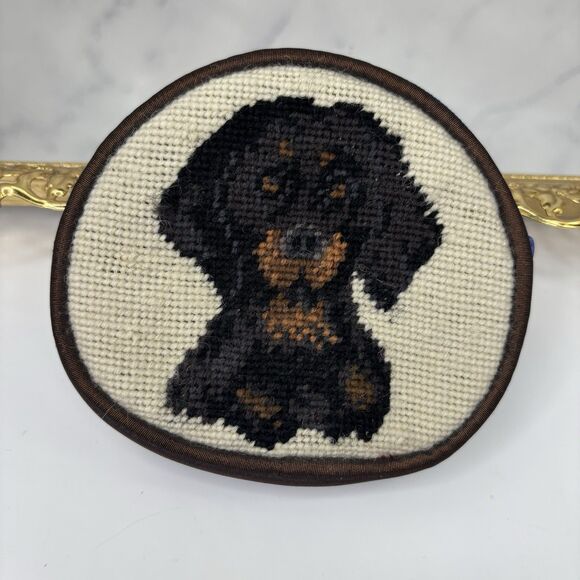 Needlepoint Dachshund Coin Purse Doxie Weiner Dog Bag Motif novelty Blue Black - Picture 2 of 11